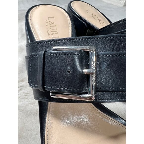 Lauren Ralph Lauren Black Leather Strappy Block Heel Sandals With Silver Buckle - Picture 5 of 12